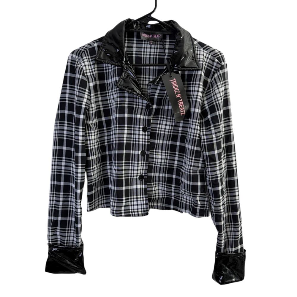 Dolls Kill Trickz N Treats Jacket Womens Size Large Black White Plaid Vinyl Goth